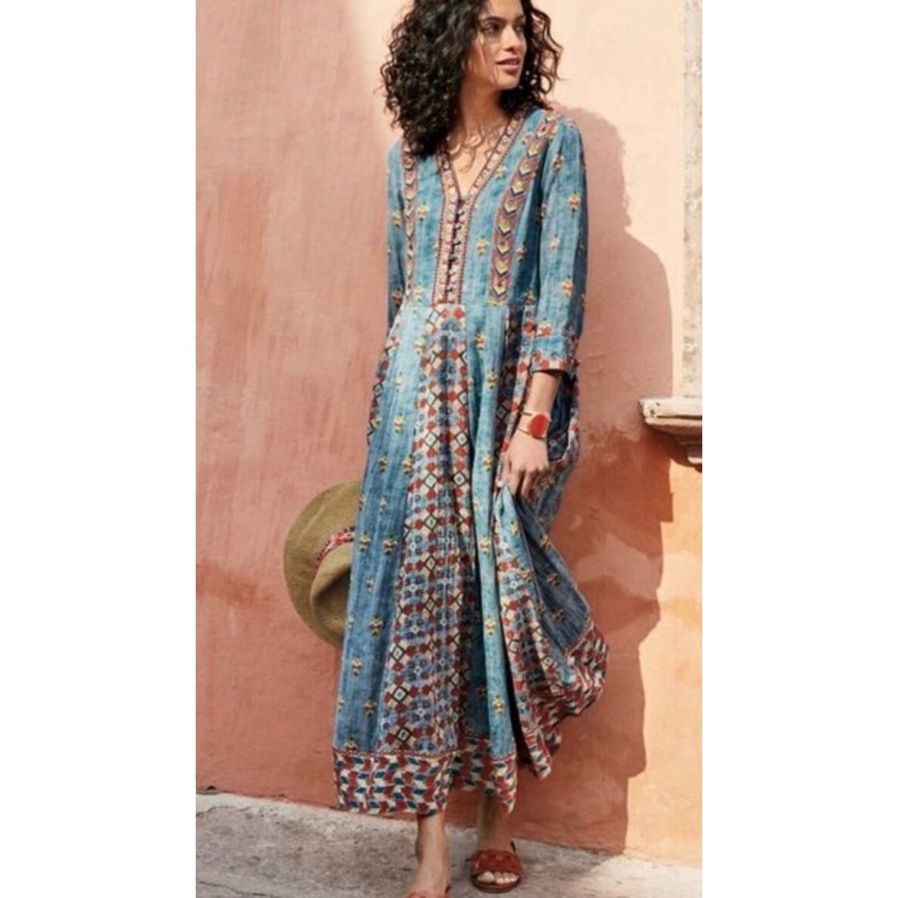 Soft Surroundings Maxi Dress 3X Blue Boho Embroidered Ikat Floral Long Sleeve